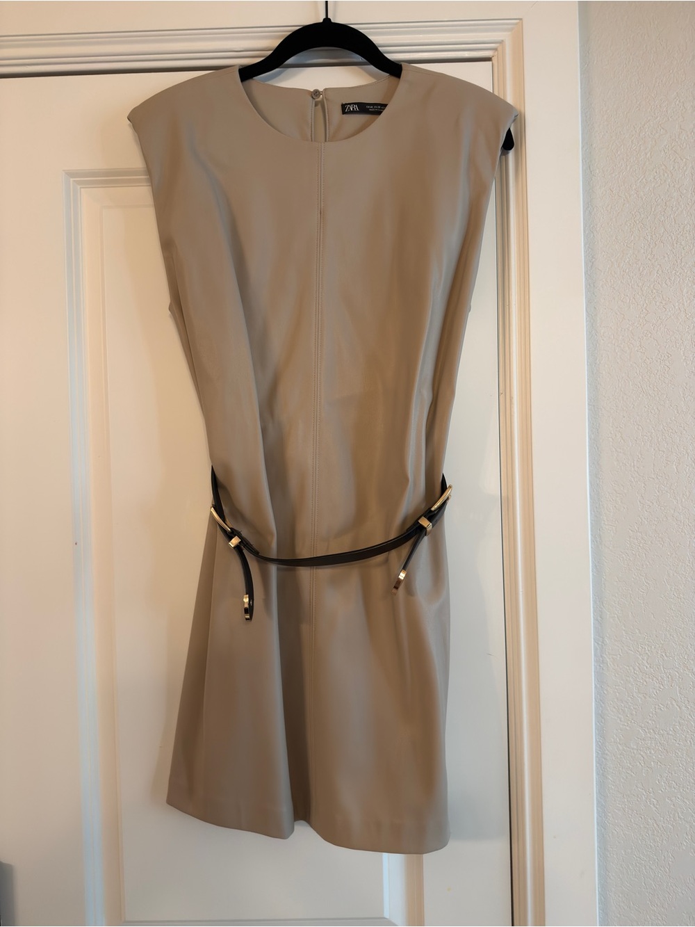 Zara Beige Mini Dress with Black Belt and Gold Hardware